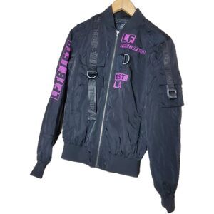 LF the Brand Biker Style Utility Logo Jacket Size XS Black Purple Straps
